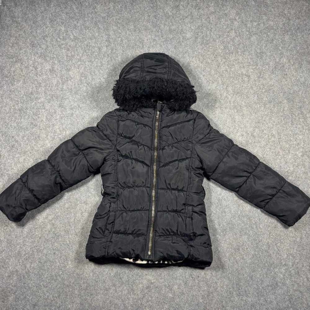 Juicy Couture Kids Black Puffer Jacket Leopard Lining Faux Fur Hood Small 7/8